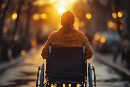 A woman sitting in a wheelchair faces a stunning sunset, surrounded by city streets. The warm light highlights the peaceful atmosphere as day transitions to night.の素材