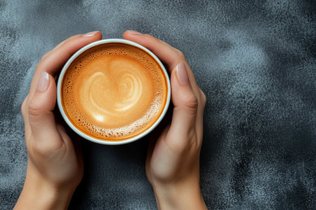 A pair of hands gently cradle a warm cup of coffee, showing rich brown liquid, against a smooth, dark textured surface.の素材
