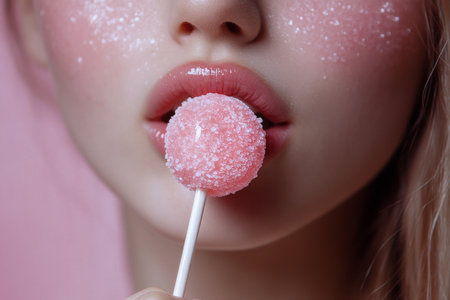 A model poses with a pink lollipop in her mouth, her lips glistening and sparkling. The background features soft pastel hues, enhancing the playful atmosphere.の素材