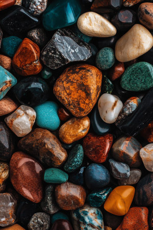 A vibrant collection of polished stones and gemstones showcases various colors and shapes, arranged neatly for sale at an outdoor market during bright daylight.の素材