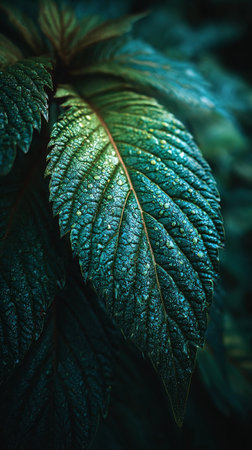 Detailed view of lush green leaves highlighting their intricate veins and textures. The lighting enhances the vibrant colors, creating a serene atmosphere in nature.の素材