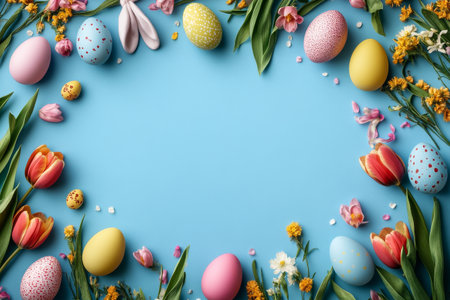 Colorful eggs and vibrant flowers frame a blue background, creating a festive atmosphere for spring. A cute bunny peeks out, enhancing the joyful holiday spirit.の素材