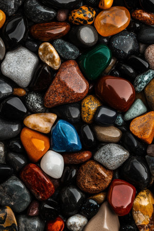 A vibrant collection of polished stones and gemstones showcases various colors and shapes, arranged neatly for sale at an outdoor market during bright daylight.の素材