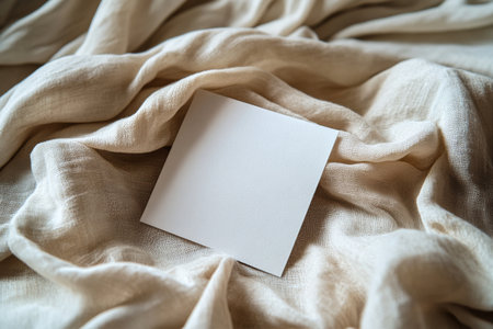 A blank square note is placed on a soft, wrinkled piece of fabric, bathed in gentle natural light that highlights the textures and colors around it.の素材
