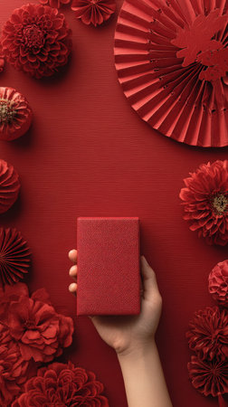 A hand presents a small red gift box surrounded by various red decorations like fans, flowers, and berries, creating an eye-catching display perfect for celebrations.の素材