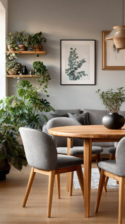 A charming dining area features a wooden table with stylish chairs surrounded by lush indoor plants. Natural light highlights the serene atmosphere and artwork on the wall.の素材
