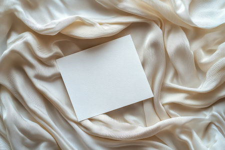 A blank square note is placed on a soft, wrinkled piece of fabric, bathed in gentle natural light that highlights the textures and colors around it.の素材