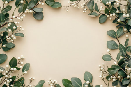 Green leaves and white berries form a beautiful border around a blank space, ideal for artistic or decorative purposes in a natural and calming setting.の素材