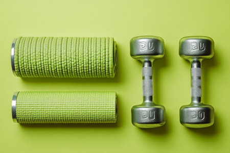 Bright green weights and exercise mats create a vibrant focus for fitness. Perfect for workouts at home or gym, motivating individuals to stay active and healthy.の素材
