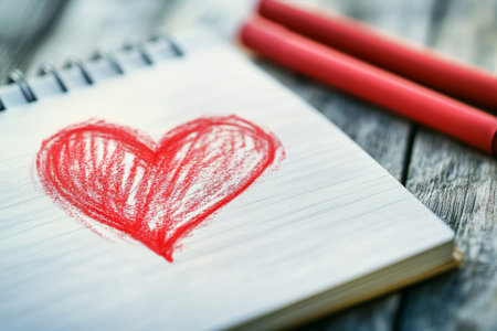 A heart is drawn in red crayon on a plain blank notebook, accompanied by two red colored pencils placed next to it on a rustic wooden surface.の素材