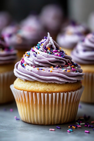 Purple frosting swirls atop golden cupcakes, each adorned with vibrant, colorful sprinkles, creating an appealing and festive dessert arrangement.の素材