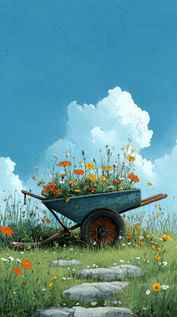 A wooden wheelbarrow overflows with vibrant flowers in a lush garden setting. Soft clouds dot the clear blue sky, enhancing the cheerful atmosphere of the scene.の素材