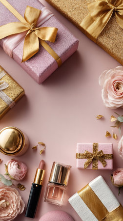 Cosmetic bottles and decorative gifts are artistically arranged on a soft pink background, showing a variety of textures and colors perfect for special occasions.の素材