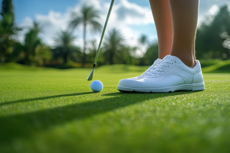 A golfer prepares to swing a club, standing on lush green grass. The sunlight brightens the scene, highlighting the white golf ball and stylish sneakers worn by the player.の素材