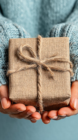 Two hands wearing knitted sleeves present a small gift wrapped in rustic brown paper and tied with twine, offering a warm and thoughtful gesture in a cozy setting.の素材