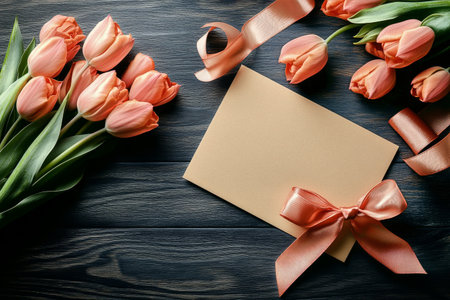 Bright pink tulips are arranged beside a blank gift card tied with a delicate ribbon on a dark wooden table. A perfect setup for celebrations or heartfelt messages.の素材