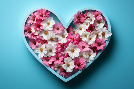 Colorful flowers in shades of pink and white fill a heart-shaped container against a bright blue background. This vibrant display adds a touch of joy and beauty to any setting.の素材