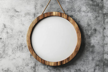 A wooden round frame is suspended on a textured concrete wall. Its empty interior creates a canvas for creative displays in a modern, minimalist interior.の素材
