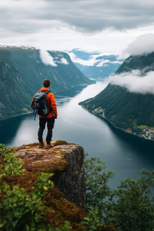 Hiker stands on cliff edge, gazing at expansive fjord and stunning mountains. Dark clouds loom overhead, adding a moody atmosphere to the serene landscape in Norway.の素材