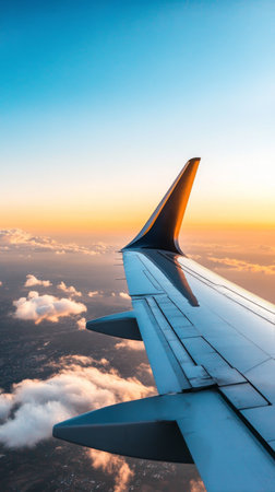 A stunning sunset illuminates the sky as seen from an airplane wing. Fluffy clouds blanket the landscape below, creating a serene atmosphere during an evening flight.の素材