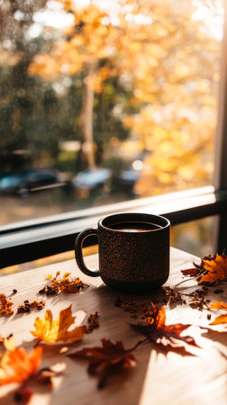 A coffee cup rests on a wooden table, surrounded by colorful autumn leaves. Sunlight filters through the trees, creating a warm and inviting atmosphere in the city.の素材