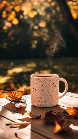 A cozy coffee mug emits steam while sitting on a wooden table amidst vibrant autumn leaves in a peaceful outdoor space, capturing the essence of fall.の素材