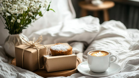 A warm cup of coffee sits on a wooden tray beside a gift box and a slice of cake, surrounded by blooming flowers in a bright, sunny bedroom.の素材