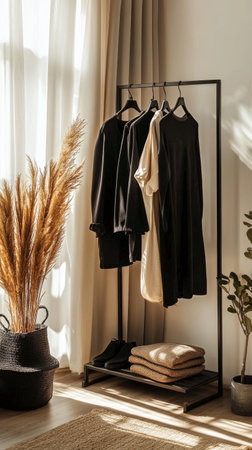 Minimalist clothing rack displays stylish garments in a sunlit room, with soft towels stacked below and decorative plants adding warmth and texture to the space.の素材