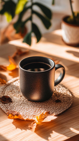 A cozy coffee mug emits steam while sitting on a wooden table amidst vibrant autumn leaves in a peaceful outdoor space, capturing the essence of fall.の素材