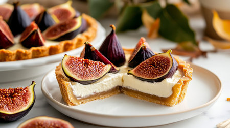 A freshly baked tart features a golden crust filled with creamy layers and topped with sliced figs, placed on a marble surface with autumn leaves in the background.の素材