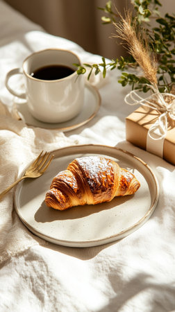 A warm cup of coffee sits next to a delicate croissant dusted with powdered sugar on a neutral plate. Natural light enhances the cozy atmosphere.の素材
