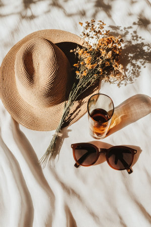 A brown straw hat rests on a white cloth alongside trendy sunglasses and a glass of beverage. Dried flowers complete the cozy summer setup, enjoying gentle shadows and sun rays.の素材