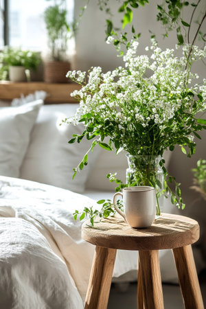 Soft morning light filters through curtains, illuminating a comfortable bedroom corner with a wooden stool, vase of dried flowers, and a white mug, creating a serene atmosphere.の素材