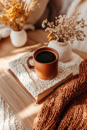 A warm cozy nook features a steaming cup of coffee beside an open book, with dried flowers resting on the pages, creating a tranquil atmosphere during autumn sunset.の素材