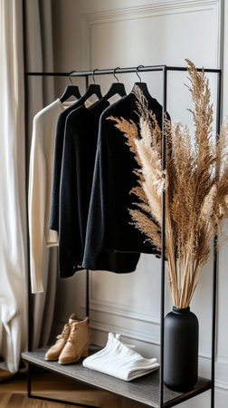 Various cozy sweaters hang on a rack in a warm, minimalistic space, showing natural colors and soft textures. The daylight highlights their inviting appearance.の素材