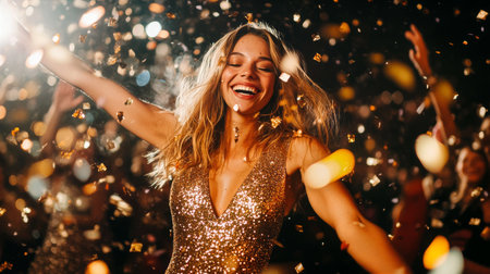 A young woman dances joyfully with raised arms while gold confetti falls around her during a lively celebration at night. The atmosphere is filled with excitement and happiness.の素材