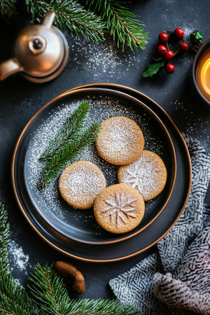 Delicious holiday cookies dusted with powdered sugar are arranged on a black plate, complemented by pine branches and warm, cozy decorations in a winter atmosphere.の素材