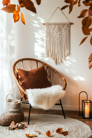 A inviting reading corner features a rattan chair draped with a faux fur blanket, surrounded by warm lighting, autumn leaves, and a soft rug, creating a serene ambiance for relaxation.の素材