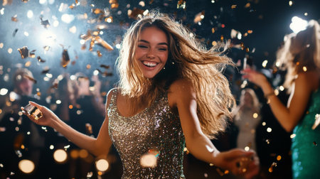 A woman with long hair dances joyfully, surrounded by confetti in a vibrant party atmosphere. Bright lights create an energetic mood as others join the celebration.の素材