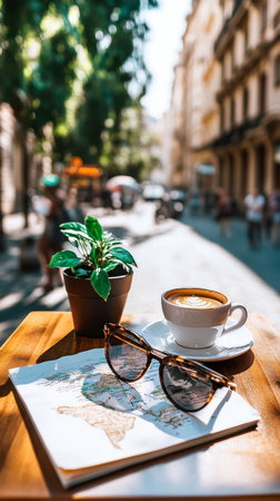 Enjoying a cup of coffee while sitting at a cafe table. Sunglasses and a map are placed nearby, with lively street activities and greenery in the background.の素材