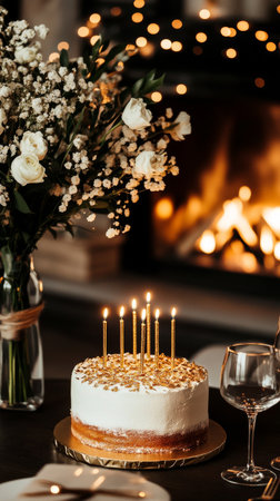 A beautifully arranged table features a decorated cake with candles, elegant flower bouquet, and glowing fireplace, creating a warm atmosphere for a winter celebration.の素材