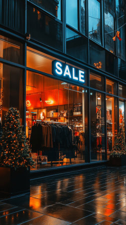 Two fashionable individuals stand outside a clothing store displaying a bright sale sign during twilight. The environment features vibrant shop displays and holiday lights.の素材