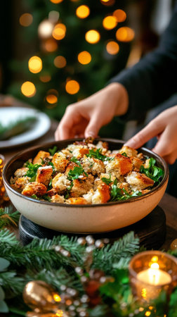 A person is adding finishing touches to a large bowl of homemade stuffing, surrounded by fresh herbs, holiday decorations, and warm lighting, creating a festive atmosphere.の素材