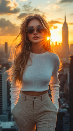 A woman stands confidently in a cropped white sweater and beige pants, enjoying the stunning sunset over New York City, with the Empire State Building illuminating the skyline.の素材