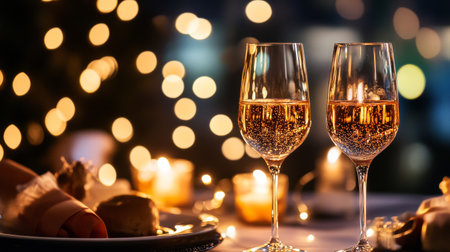 Two glasses of sparkling beverage sit on a table adorned with candles and festive decorations. A plate of food adds to the elegant atmosphere, perfect for celebrations.の素材