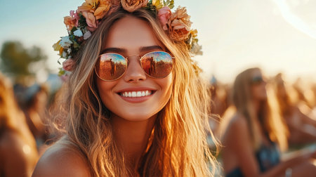 Brightly lit golden sunlight highlights a young girl with long hair adorned with a flower crown. She smiles joyfully during a summer festival in a grassy field surrounded by nature.の素材