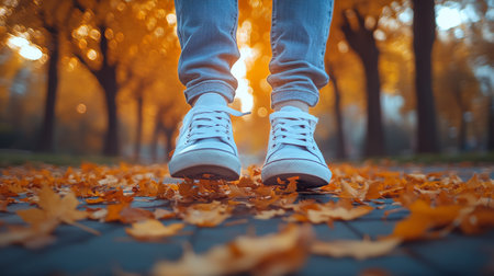 A person stands on a path covered with vibrant autumn leaves as the sun sets behind trees in a tranquil park setting. The warm light adds a golden hue to the surroundings.の素材