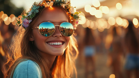 A smiling woman wearing a flower crown and sunglasses stands in a lively crowd at a summer festival. The sun sets, creating a warm atmosphere full of excitement and energy.の素材