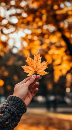 A hand raises a bright orange maple leaf against a backdrop of softly blurred autumn foliage. The evening light enhances the warm colors of the season and creates a tranquil atmosphere.の素材