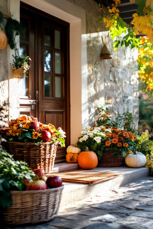 A cozy front porch showcases seasonal decor with vibrant flowers and pumpkins, creating a warm autumn atmosphere in a welcoming neighborhood.の素材